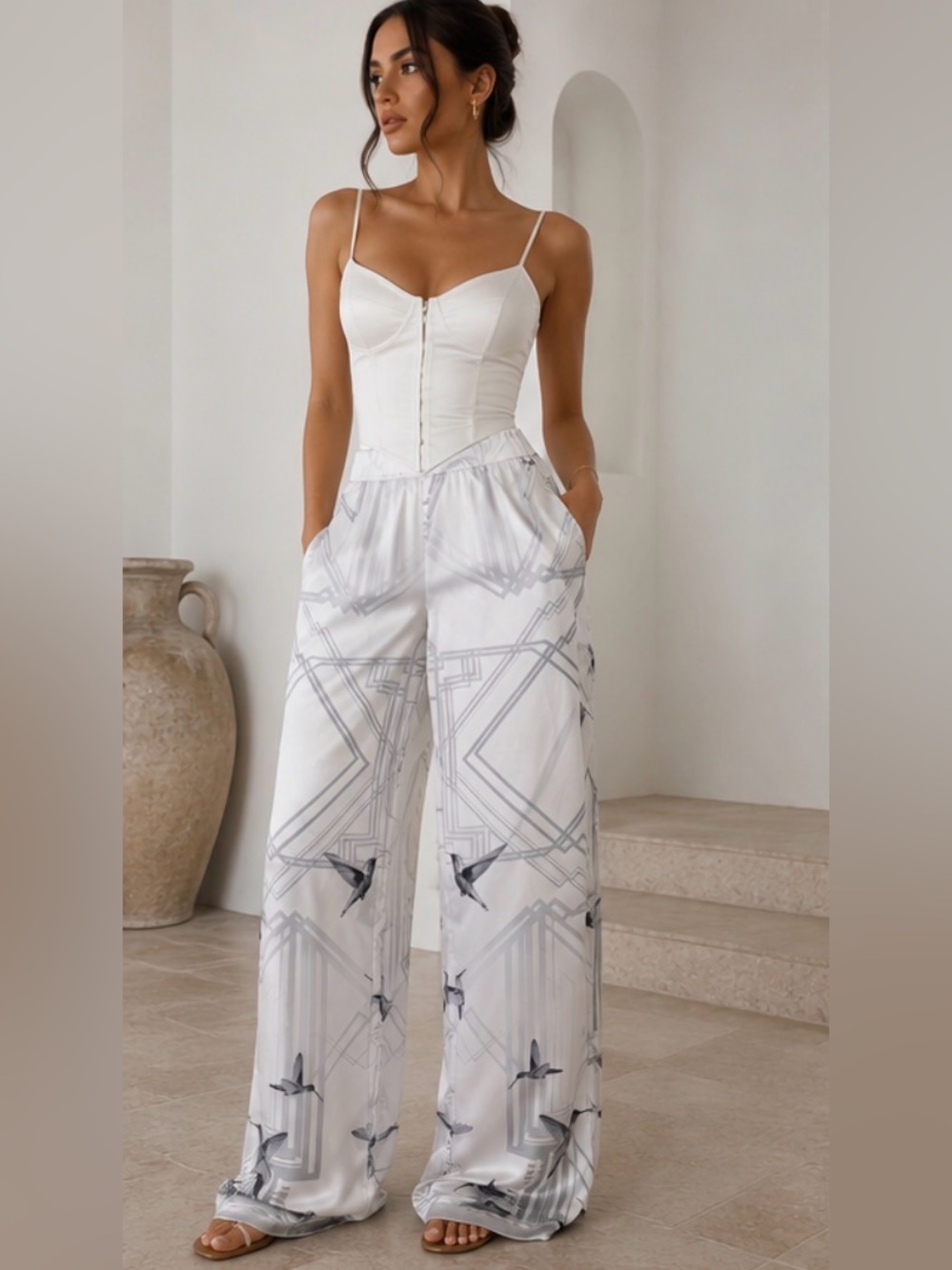 Manière De Voir Satin Wide Leg Pants Hummingbird Art Deco Sz UK 12 US 8